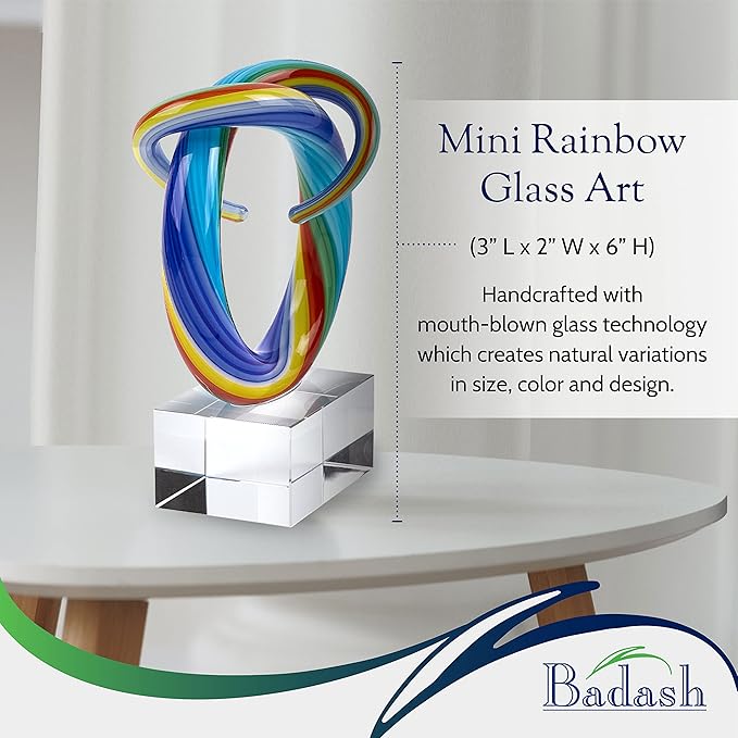 Badash Mini Rainbow Murano-Style Glass Sculpture - 6" Tall Mouth-Blown Art on Crystal Base - Contemporary Home Decor Accent Piece