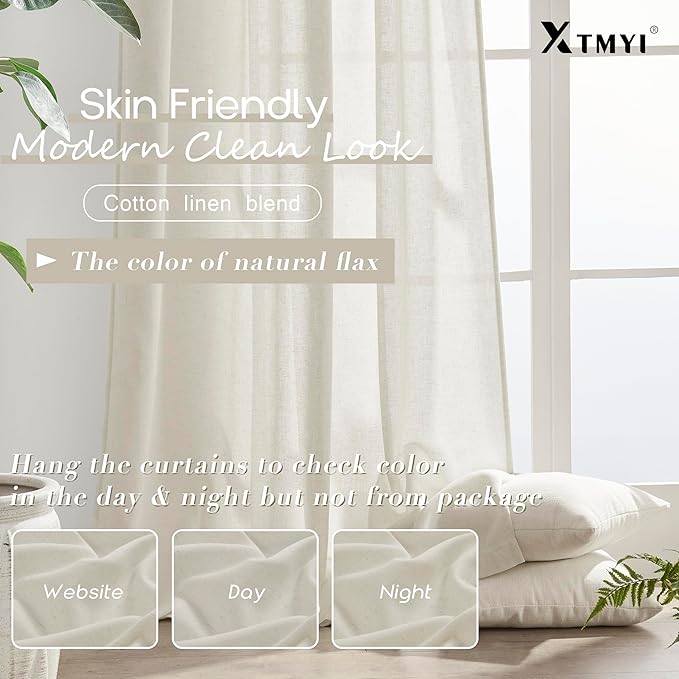 XTMYI Linen Drapes 94 Inch Curtains Length 2 Panels Set Back Tab Sheer Window Curtains Living Room Bedroom,50x94 in Long,Cream(Ivory/Off White)