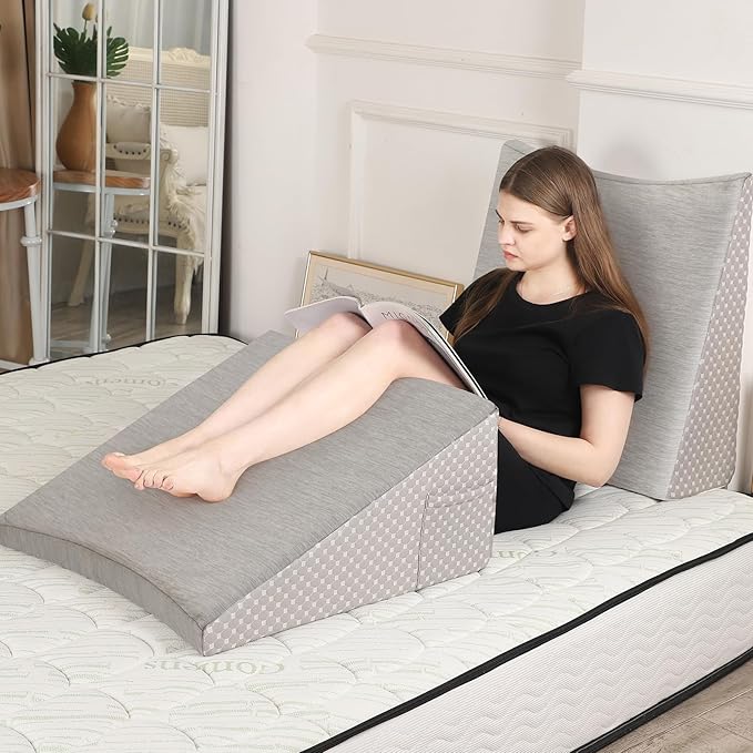 Wedge Pillow for Sleeping, 12 Inch Cooling Triangle Bed Pillow with Removable Cover, Elevated Body Pillow Wedge for Back Support, After Leg Surgery, Snoring, Acid Reflux, Grey