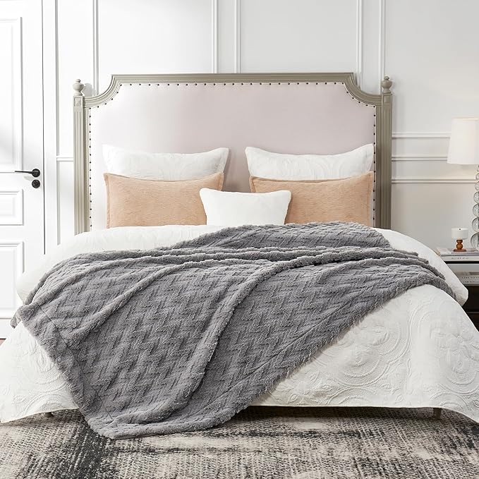Cozy Bliss Faux Fur Throw Blanket for Couch - Clearance Soft Fuzzy Cozy Throw Gift Blankets for Women,Grey Boho Blanket for Sofa Bedroom Living Room.50 * 60 Inches