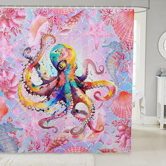 Feelyou Watercolor Octopus Fabric Shower Curtain Under Sea Animals Themed Shower Curtain for Kids Pink Shells and Corals Bathroom Waterproof Accessories with 12 Hooks Ombre Curtains,72X72 Inches