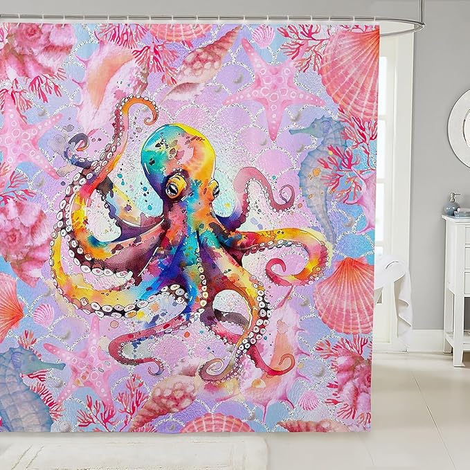 Feelyou Watercolor Octopus Fabric Shower Curtain Under Sea Animals Themed Shower Curtain for Kids Pink Shells and Corals Bathroom Waterproof Accessories with 12 Hooks Ombre Curtains,72X78 Inches