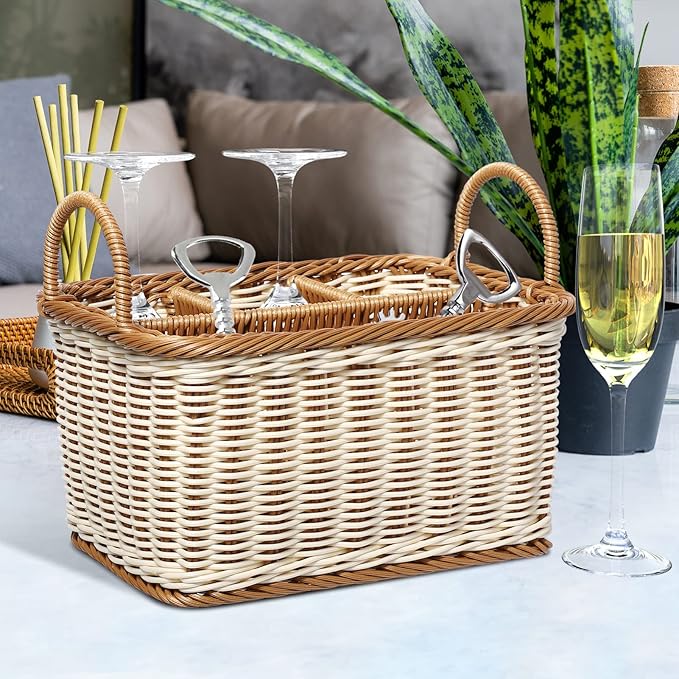 Silverware 4- compartment storage basket woven rattan- desktop basket rectangular organiser box shelves& desks decorative basket for sundries stationery cosmetics Utensil