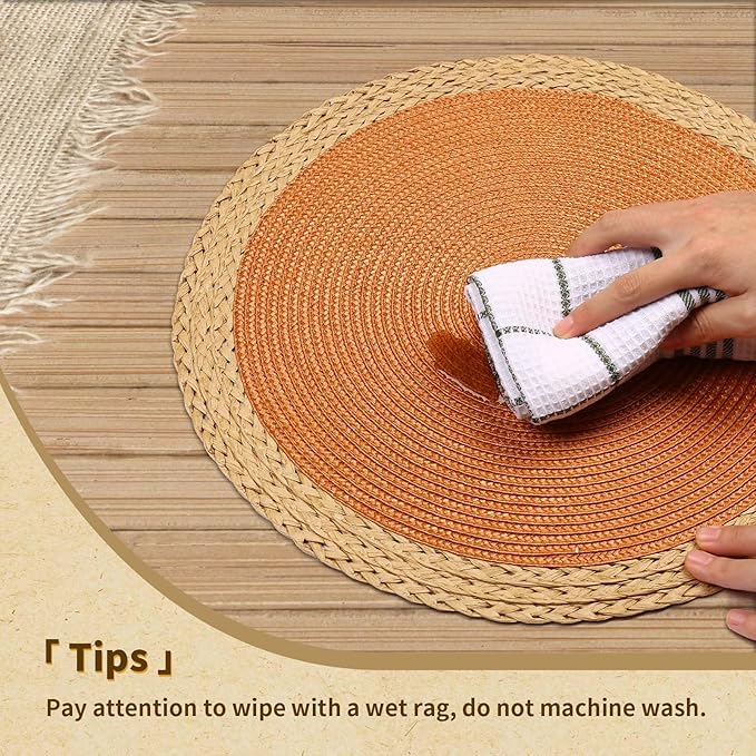 Noctiflorous Round Braided Placemats Set of 6 Table Mats 15 Inches Washable Heat Resistant for Dining Table Non-Slip Indoor Outdoor Place Mats for Thanksgiving Christmas Easter(Orange Wide Edge 6)