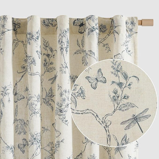 Lazzzy Blue Floral Linen Farmhouse Curtains 96 Inches Long Back Tab Drapes for Living Room Bedroom Light Filtering Country Vintage Rod Pocket Curtains,2 Panels, Blue on Beige