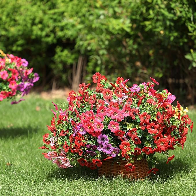 Artificial Flowers Outdoor, Faux Silk Flowers Plastic Plants for Outdoors Indoor Outside Front Porch Hanging Planter Window Box Garden Home Decoration, 14 Bundles(Rose Red)