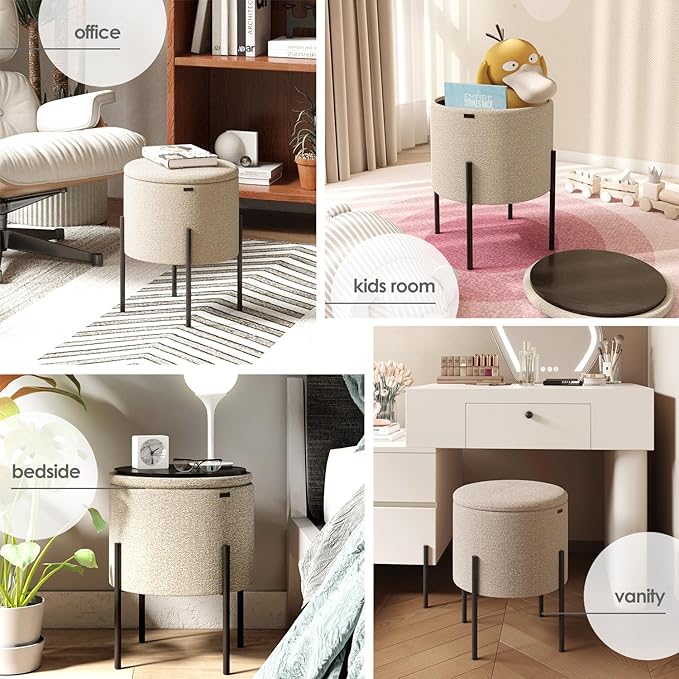 STORAGEBUD Round Ottoman with Storage, Boucle Storage Ottoman, Foot Stool Ottoman, Makeup Vanity Stool, Small Ottoman Foot Rest, Modern Ottomans for Living Room and Bedroom, Beige