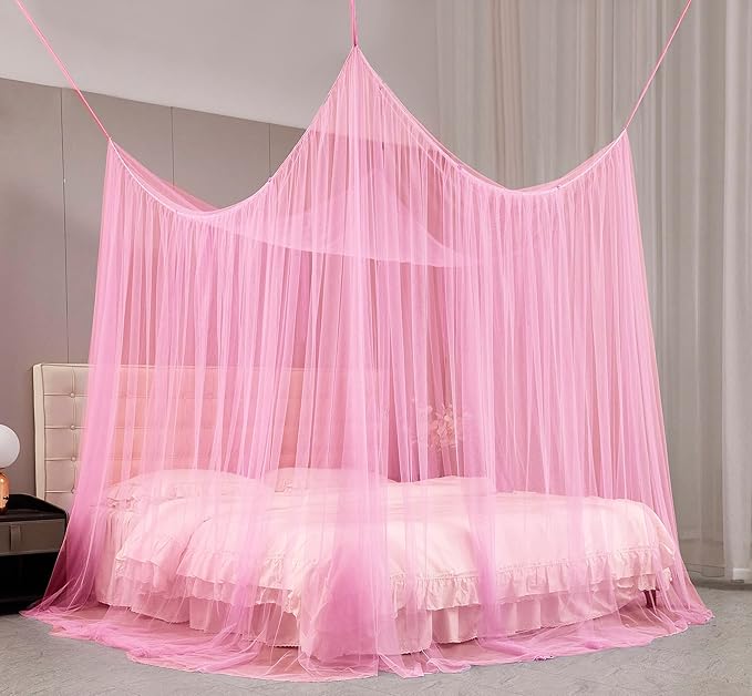 Mengersi 4 Corner Post Elegant Mosquito Net Curtain Bed Canopy for Full Queen King Size Bed,Suitable for Indoor Outdoor Net (87x79x98“(Suggested for Full to King), Pink)