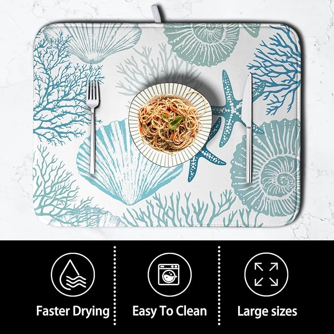 Summer Blue Dish Drying Mat for Kitchen Counter Nautical Coastal Teal Dishes Drainer Mats Beach Coral Seashell Starfish Ocean Absorbent Microfiber Dish Draining Pad 16x18 Inch