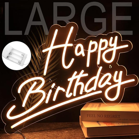 Large "Happy Birthday" Neon Sign, USB & Battery Powered (22.4"x14.3"), Adjustable Brightness, Warm LED Wall Decor for Parties & Celebrations