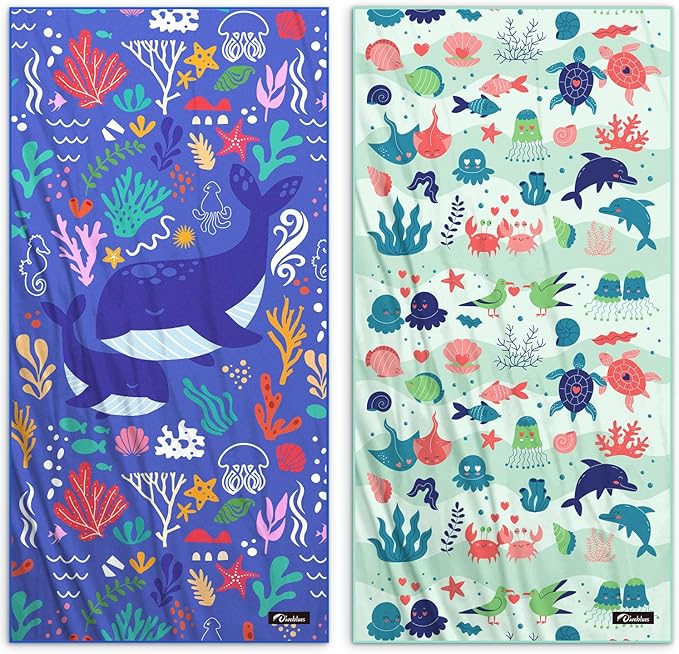 Kids Beach Towels 2 Pack 60''x30'', Quick Dry, Sand Free, Compact, Lightweight, Absorbent, Girls & Boys Large Microfiber Towels Gifts for Pool, Swim, Cruise Essentials