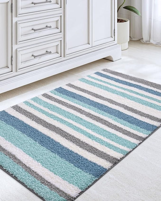 LUMI Striped Bath Rugs, Extra Soft and Absorbent Microfiber Bath Mat, Machine Wash Non-Slip for Bathtub or Bathroom Floor, 24"x43", Blue