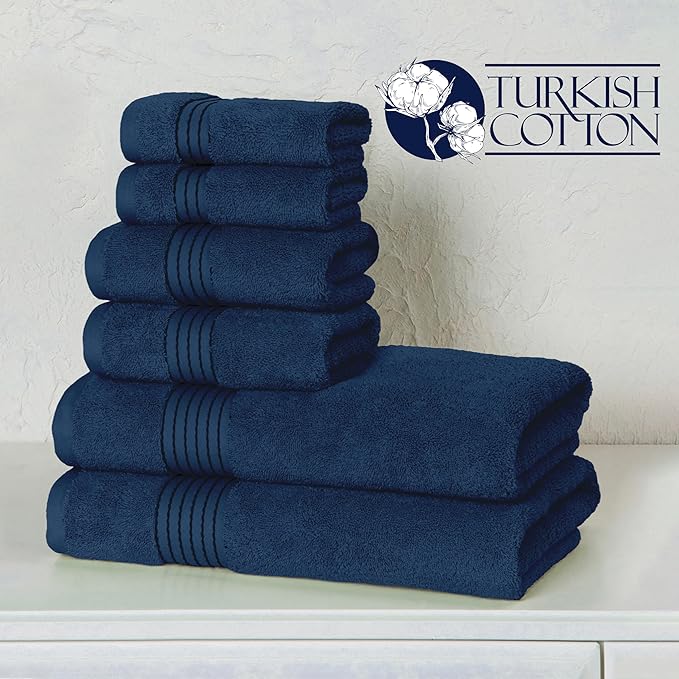 Elegant Comfort Premium Cotton 6-Piece Towel Set, Includes 2 Washcloths, 2 Hand Towels and 2 Bath Towels, 100% Turkish Cotton - Highly Absorbent and Super Soft Towels for Bathroom, Navy