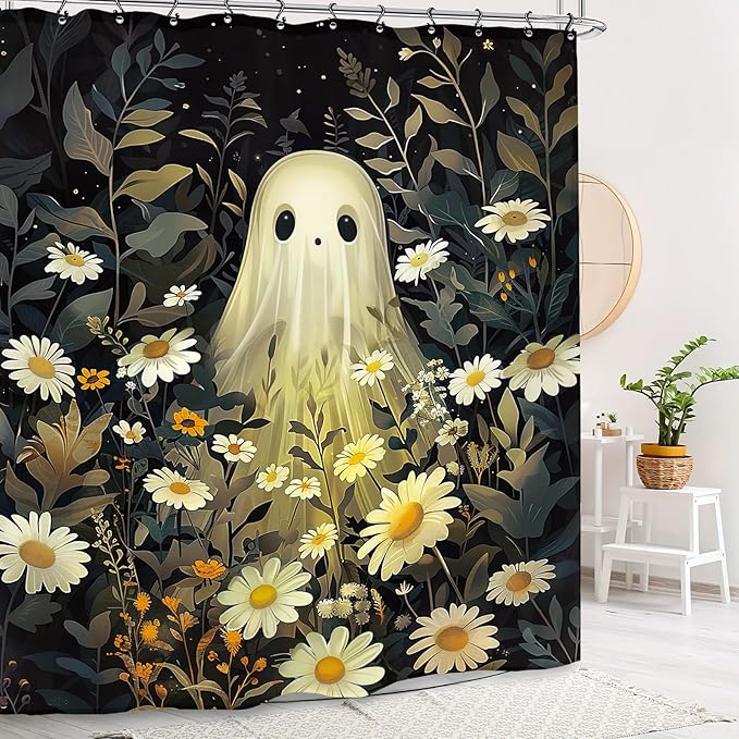 Halloween Ghost Shower Curtain 60Wx72L Inch Gothic Daisy Night Leaves Flower Floral Holiday Bathroom Set Accessories Decor with 12 Pack Hooks