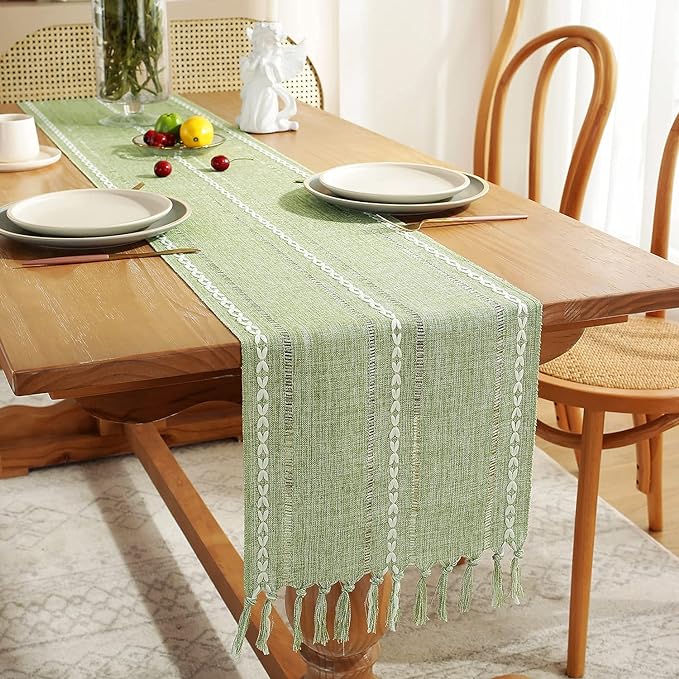 Chassic Rustic Farmhouse Style Linen Table Runner, Boho Handmade Tassel Embroidered Table Runners 72 Inches Long for Holiday Party, Christmas and Dining Decorations, 13 x 72 inch - Sage Green