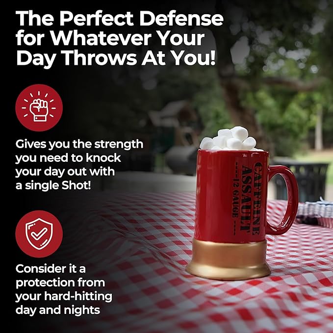 Caliber Gourmet 12-Gauge Shotgun Shell Ceramic Coffee Cup/Mug - Bold Red, Perfect Novelty Gift for Hunters & Gun Enthusiasts, Birthdays, Father's Day, Christmas & More - Funny, Quirky, and Functional