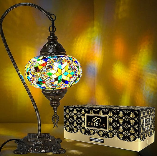CHICON Handmade Mosaic Tiffany Boho Lamp | Genuine Glass Mosaic | A Piece of Art in Unique Moroccan Bohemian Small Table Lamp - SWAN Flower Mix
