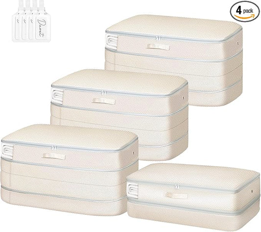 Comforter Storage Bag - Large Capacity Bedding Storage Bags Ultra Space Saving Self Compression Organizer, Washable Compression Bags for Storage Comforter Blanket Duvet Pillow, 4-Pack, Beige