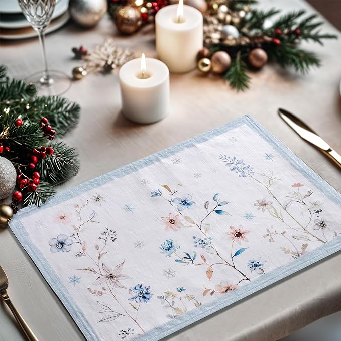 Maison d' Hermine Placemats Set of 4 100% Cotton Washable Cloth Place Mats, Reusable Table Mats for Kitchen Dining Decoration, Party, Wedding, Restaurant (Ice Florals, 13" x 19")