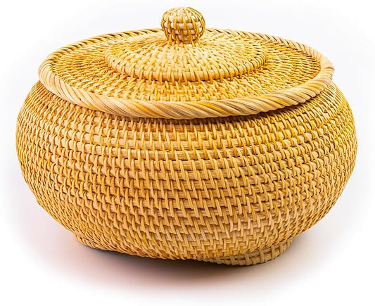 Hand-Woven Round Rattan Storage Basket with Lid – 8.6x5.1 Inch Durable Wicker Box for Picnic, Decoration, and Multi-Purpose Storage – Eco-Friendly Craftsmanship