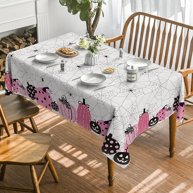 Horaldaily Halloween Tablecloth 60×104 Inch Rectangular, Jack-O-Lantern Pumpkin Cobweb Scary Themed Pink Washable Table Cover for Party Picnic Dinner Decor