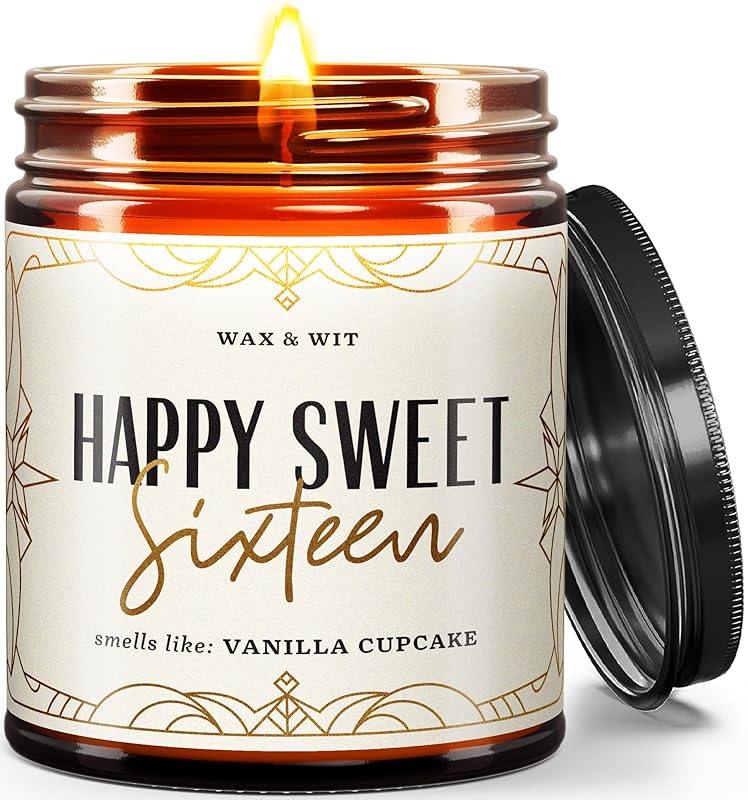 Wax & Wit Sweet 16 Gifts for Girls, Happy Birthday Candles - Scented with Vanilla Cupcake - Sweet Sixteen Gift Ideas – 9oz, Soy Wax, 50 Hour Burn, Premium Candle