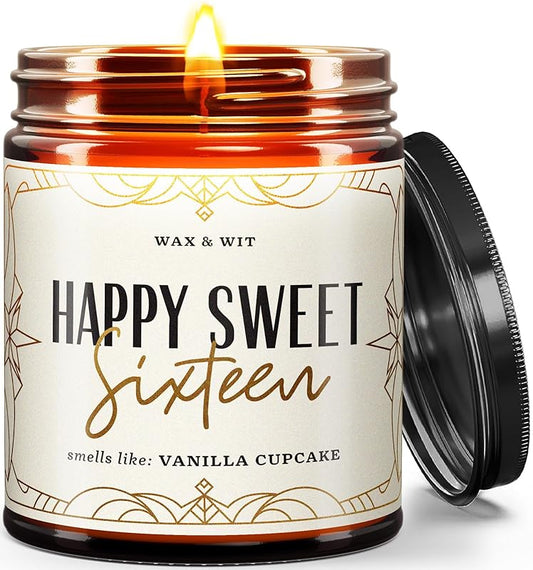 Wax & Wit Sweet 16 Gifts for Girls, Happy Birthday Candles - Scented with Vanilla Cupcake - Sweet Sixteen Gift Ideas – 9oz, Soy Wax, 50 Hour Burn, Premium Candle