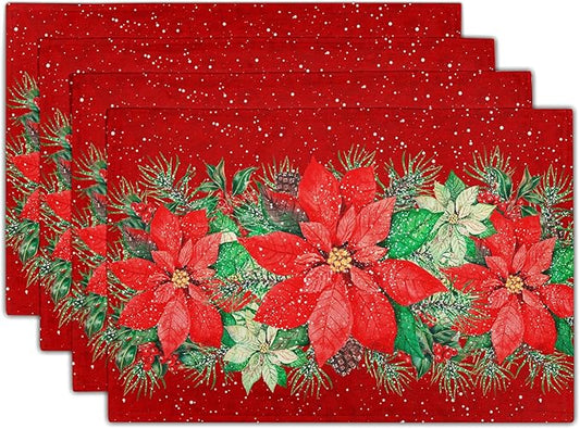 Red Poinsettias Placemats for Dining Table Set of 4, 12 x 18 Inch Red White Floral Xmas Tabletop Mats Red Rectangle Table Mat for Winter Holiday Party Kitchen Table Decor