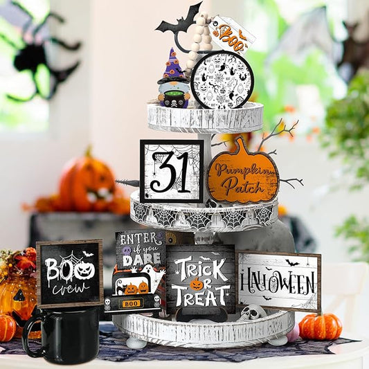 14 Pcs Halloween Tiered Tray Decorations Set Ghost Halloween Wooden Signs Rustic Farmhouse Pumpkin Boo Trick or Treat Blocks Table Sign Decorations for Home Party Favors