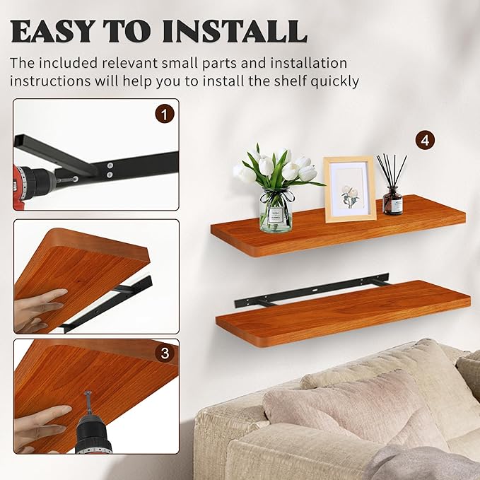 Floating Shelves for Wall, Wood Shelves with Invisible Brackets for Bathroom, Living Room, Bedroom and Kitchen, Long Wall Shelf for Books/Storage/Room Decor, 36 Inch, Set of 2, Walnut
