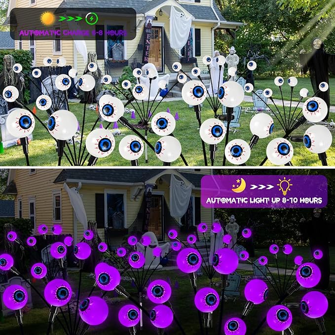 6Pack 36LED Purple Solar Halloween Eyeball Lights Outdoor, Solar Garden Lights Outdoor Waterproof, Firefly Light Swaying by Wind with 2 Modes for Pathway Patio Yard Garden Halloween Decorations