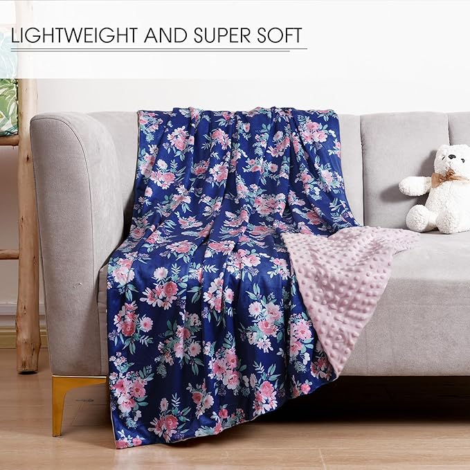 Minky Baby Throw Blanket for Girls, 50x60 Inches Soft Lightweight Micro Fleece Blanket with Double Layer, Dotted Backing, Breathable Receiving Blanket for Newborns, Navy Floral