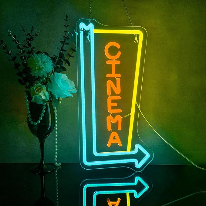 Looklight Cinema Neon Signs for Wall Decor Right Arrow Neon Light Yellow Blue LED Light Sign Right-Pointing Arrow Neon USB Light Up Letters Sign for Film Room Cinema Man Cave Party Theater Decor