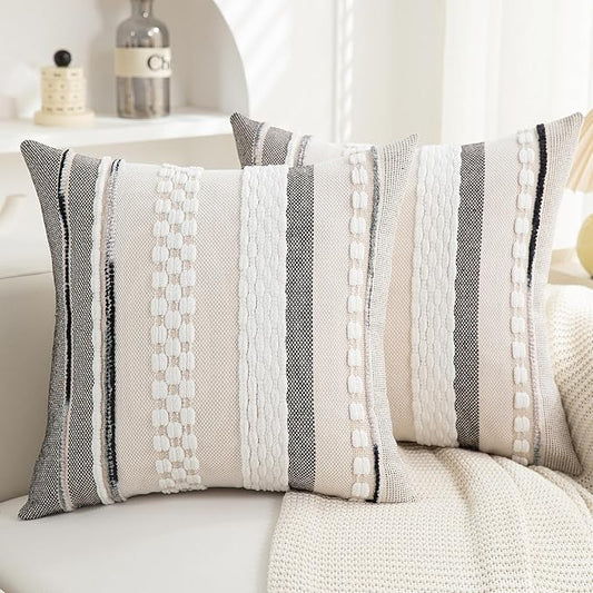 Boho Pillow Covers 18x18 Set of 2 for Couch-Modern Farmhouse Sofa Decorative Throw Pillow Covers Textured Chenille Cushion Covers Outdoor Netural Bohemian Pillow Cases Square