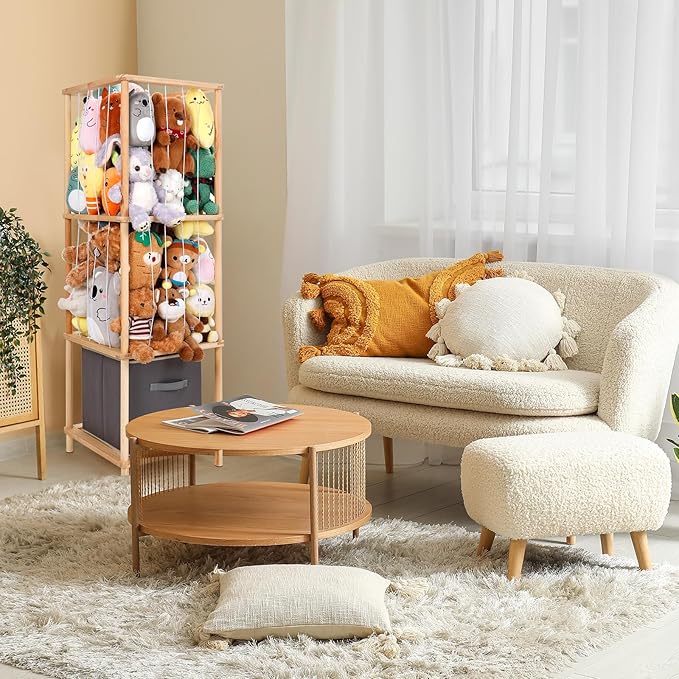 ACEPRUT Wood Stuffed Animal Storage Holder with Storage Basket, Space Save Three Tier Vertical Large Stuffed Animal Zoo Organizer for Playroom Bedroom, Toy Storage Birthday Gifts for Kids