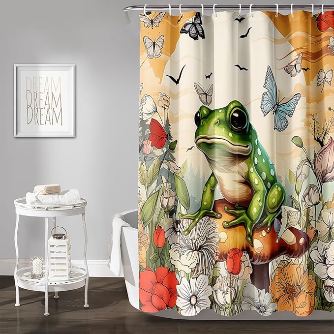 AILONEN Cartoon Frog Waterproof Shower Curtain,Nature Plant Fungus Flower Frog Bath Curtain,Fantasy Sunset Abstract Yellow Bathroom Curtain Decor 72" W x 84" H