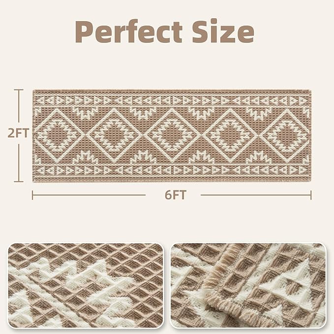 PADOOR-Waffle Bathroom Runner 24"x72", Super Absorbent Bath Mats for Bathroom, Machine Washable Non Slip Bath Rug with Tassels, Soft Bath Mat for Laundry Room, Bedroom, Brown & Cream, 2'x 6'
