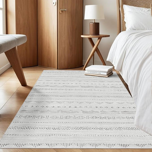 Deerly Area Rug 3x5 Rug Moroccan Boho Machine Washable Rugs 3x5 with Rubber Backing, Soft Low Pile Indoor Floor Carpet Neutral Rug for Entryway Kitchen Laundry Bedroom, Light Grey