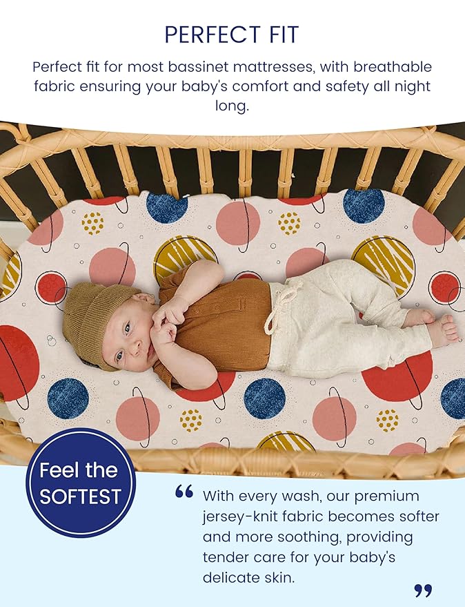 TotAha Premium Soft Space Bassinet Sheet for Boy Girl, Super Stretchy Jersey Knit Bassinet Fitted Sheet, Compatible with Halo, Maxi COSI, Mika Micky, SNOO, Baby Delight Mattress, 2 Pack