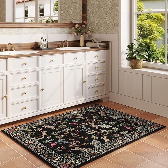 Door Mat Indoor Entrance 2x3 Rug Machine Washable Boho Floral Animal Small Area Rug Non-Slip Low Pile Throw Rugs for Entryway, Kitchen, Front Door Indoor Entrance, Entry, Kids Room (Black)