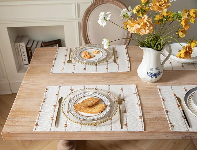 Boho Placemats Set of 6 for Dining Table Decor, Woven Cloth Place Mats for Farmhouse Rustic Kitche Home Decor, Cotton Placemats 13 x 19 Inch, Brown and Beige Table mats