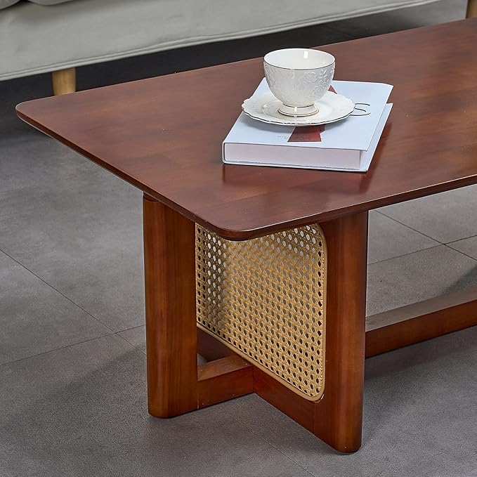 Rattan Coffee Table, 42.5 Inch Rectangular Solid Wood Table with PE Rattan Stand for Living Room