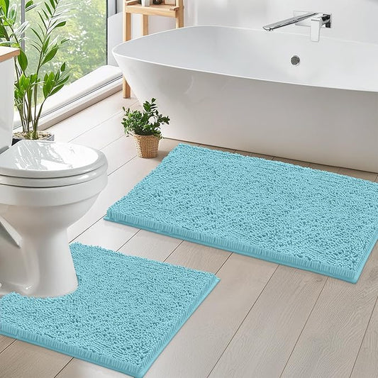 LuxUrux Bathroom Rugs Sets 2 Piece: Quick Dry, Soft Plush Anti-Slip, Super Absorbent. Includes Rectangular (31x20 inches) & U-Shaped Toilet Mat (20x20 inches) | Spa Blue
