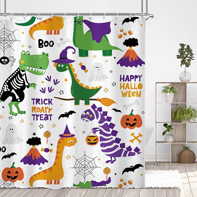 Dinosaur Halloween Boys Shower Curtain 60Wx72L Inch Dino Kids Child Pumpkin Spider Spooky Cartoon Funny Bathroom Set Accessories Decor Polyester Waterproof with 12 Pack Hooks