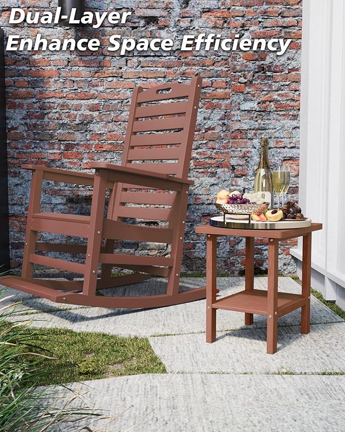 2-Tier Adirondack Square Outdoor Side Table, Pool Composite Patio Table, Weather Resistant End Table for Patio, Backyard, Pool, Easy Maintenance - Brown