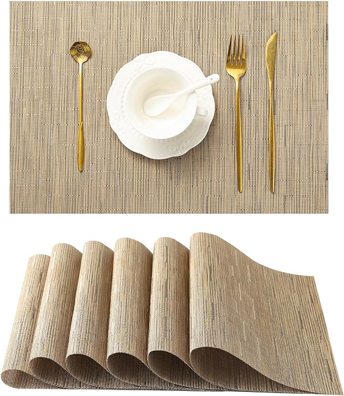 Leetaltree Light Brown Placemats Set of 6 - Heat Resistant Non-Slip Place mats for Dining Table, Washable Durable PVC Vinyl Woven Table Mats（Light Brown, 6）