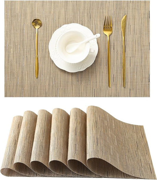 Leetaltree Light Brown Placemats Set of 6 - Heat Resistant Non-Slip Place mats for Dining Table, Washable Durable PVC Vinyl Woven Table Mats（Light Brown, 6）