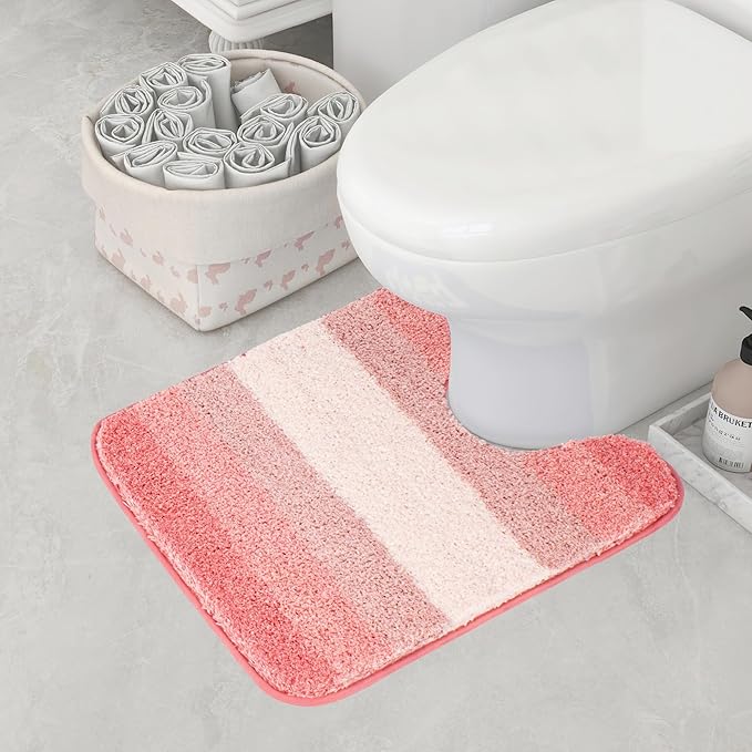 Walensee Contour Bath Rug (20 x 24, Ombre Pink) Non-Slip Water Absorbent Soft Microfiber Shaggy U-Shape Toilet Rug