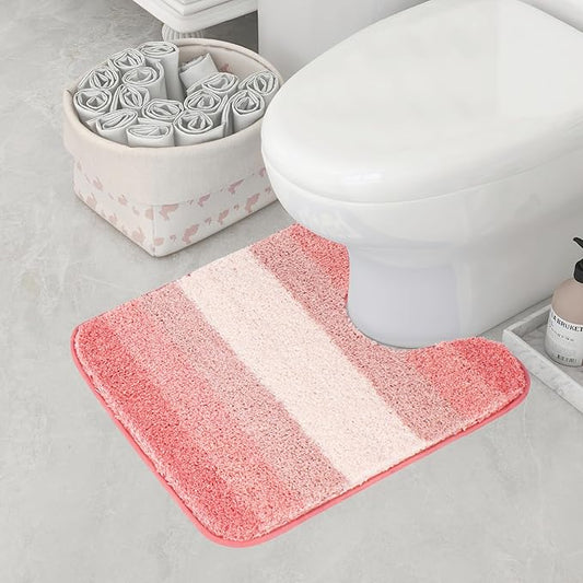 Walensee Contour Bath Rug (20 x 24, Ombre Pink) Non-Slip Water Absorbent Soft Microfiber Shaggy U-Shape Toilet Rug