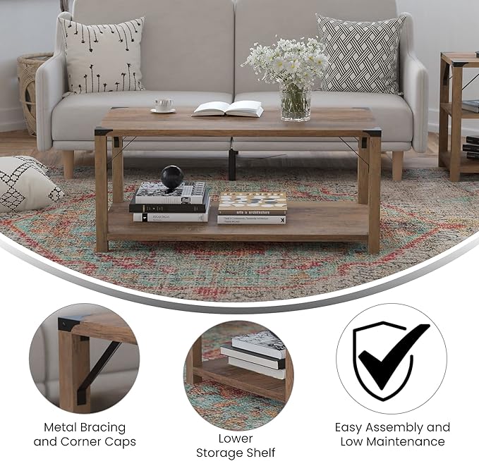 Flash Furniture Wyatt Modern Farmhouse 2 Tier Coffee Table - Rustic Oak Engineered Wood Frame - Black Metal Crisscross Side Braces and Corner Accents